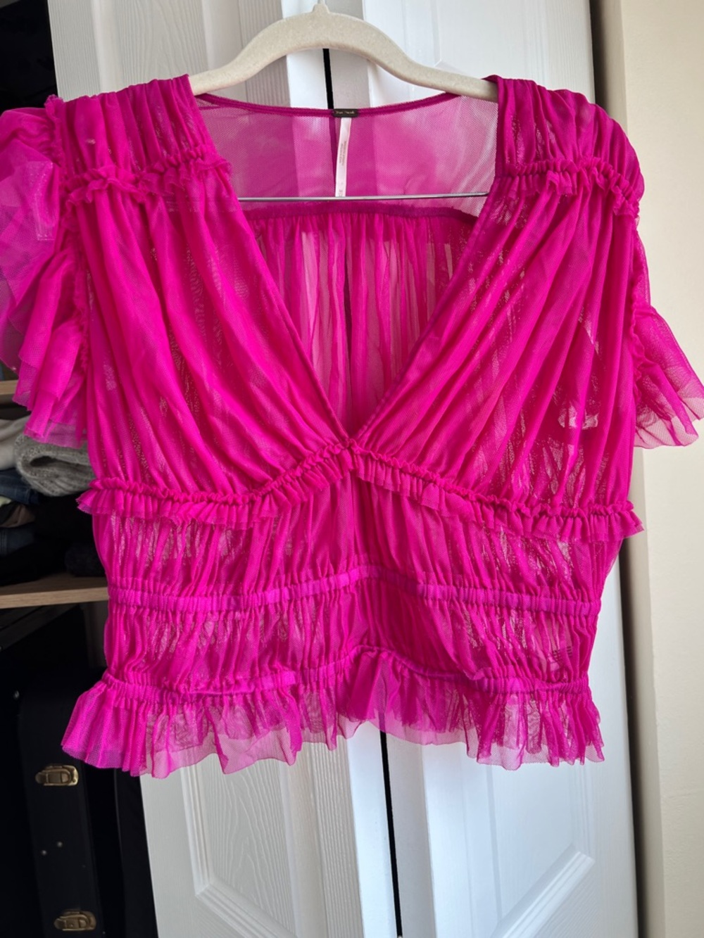 Free People Hot Pink Mesh Ruffle Top | Sheer | Boho Festival | Size M